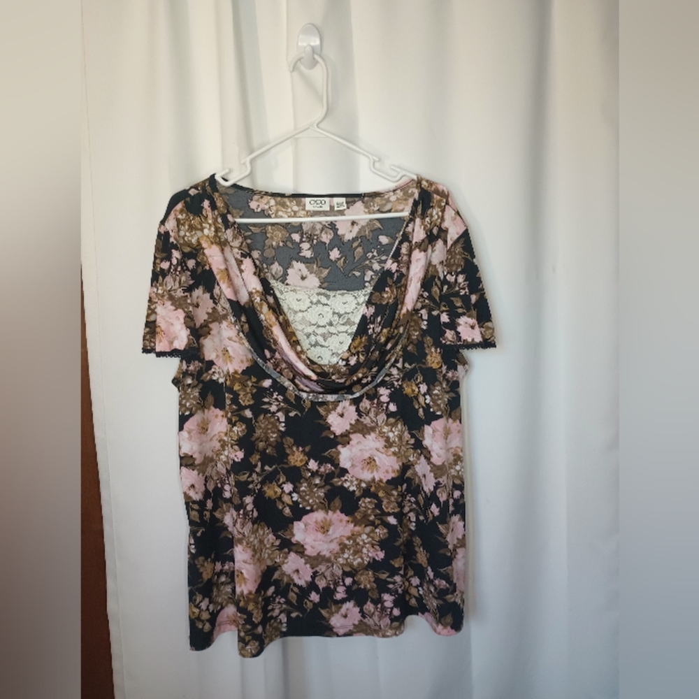 Cato Womens Dark Floral Romantic Top 22/24W Lace Cowl Flutter Dark Cottagecore